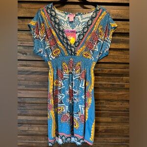 NWT She's Cool Blue V-Neck Bohemian Boho V Neck Empire Waist Summer Dress‎